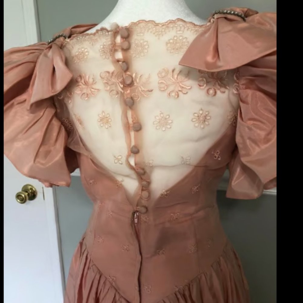Vintage 1980s Does 1930s Ruffle Bow Sleeve Diamante Princesscore Gown - Picture 5 of 8